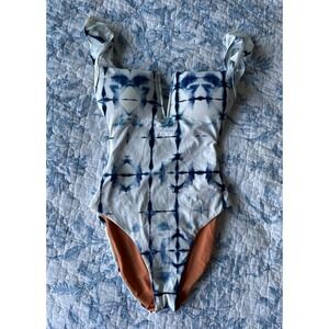 NWOT WET Swimwear Womens XS Shibori Tie Dye One Piece Swimsuit Ruffle Blue White